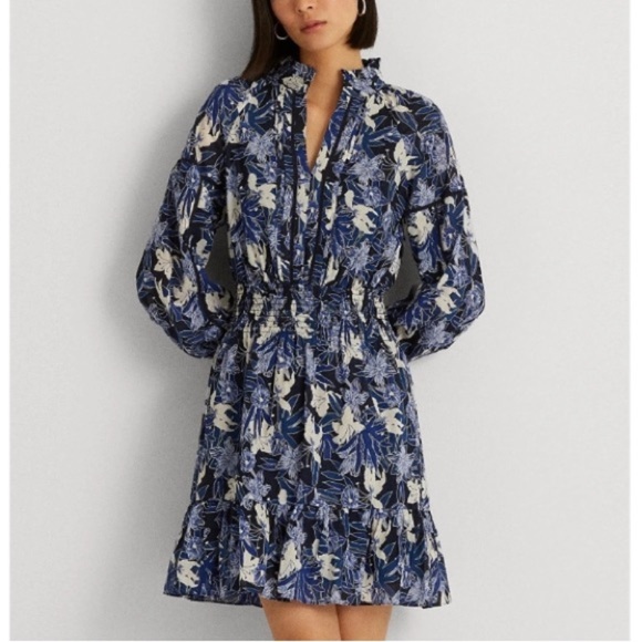 Lauren Ralph Lauren Floral Cotton Voile Dress blue long sleeve 31916 - Picture 1 of 15